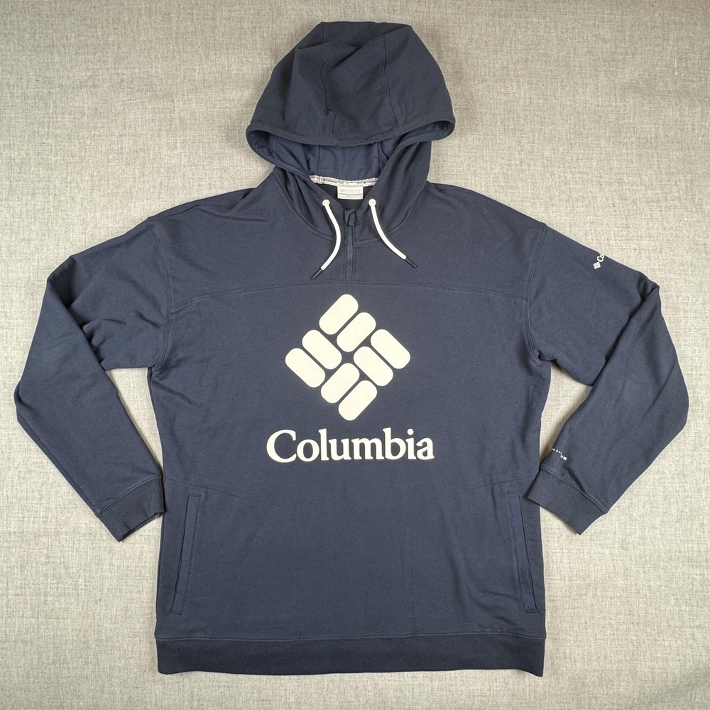 Columbia Hoodie Mens XL Blue Omni-Shade Big Logo Pullover Outdoor Sweatshirt